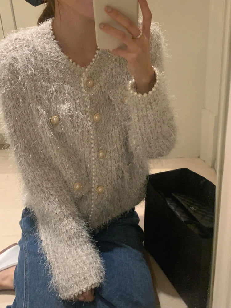 lovwvol Vintage Temperament Bead Sweater Women Autumn Winter Tops O Neck Knitting Cropped Cardigan Korean Fashion Suéteres