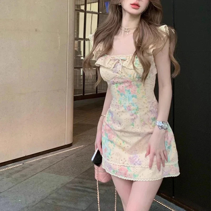 lovwvol Women French Style Hot Girl Dress Elegant Sweet Tighten The Waist 2024 Spring Summer New Dress Vintage Princess Dress