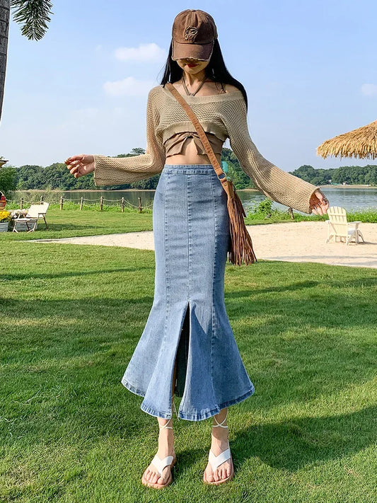 lovwvol  -  Korean Casual High-waisted Denim Mermaid Skirt Women's Spring Fashion Tight Slit Wrap Hip Skirt Female Clothing