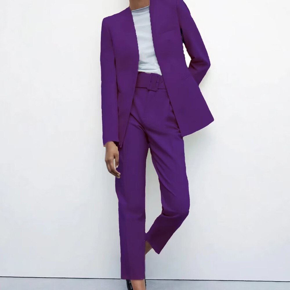 Women Fashion Two Pieces Sets Office Wear Blazers Coat And With Belt High Waist Pants Female