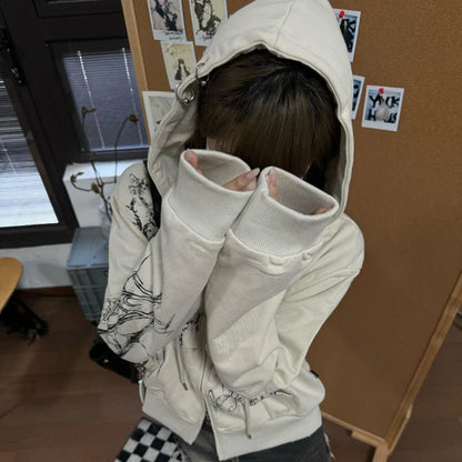 lovwvol  -  Autumn Y2k Aesthetic Cropped Hoodies Women Casual Printing Double Zippers Harajuku Punk Sweatshirt Gothic Fairy Grunge Jackets