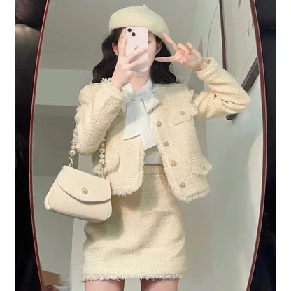 Korean Style Women's Suit Jacket Skirt Set Autumn and Winter High-end Temperament Office Lady Tweed Suit Top Skirt Two-piece Set