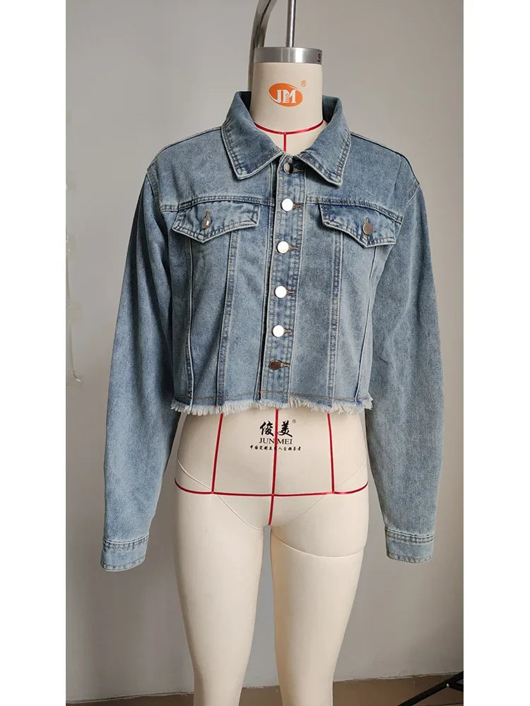 lovwvol   Single Breasted Raw Hem Crop Denim Jacket Women Vintage Streetwear Long Sleeve Jean Coat Female Casual Spring New 2024