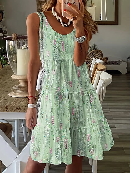 lovwvol Spring and summer new casual fashion floral print loose round neck sleeveless mid-length dress