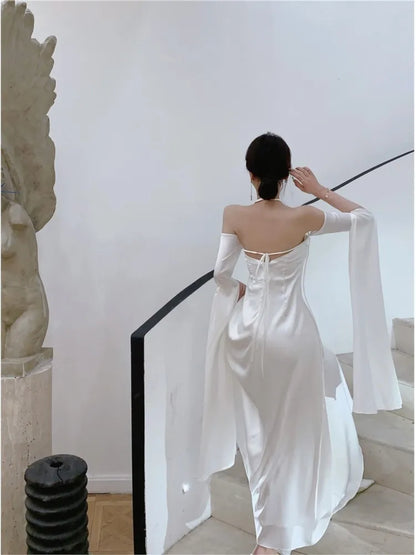 lovwvol Women Summer Elegant Satin Silky Off Shoulder White Cocktail Dress wedding dress Party Maxi Dress