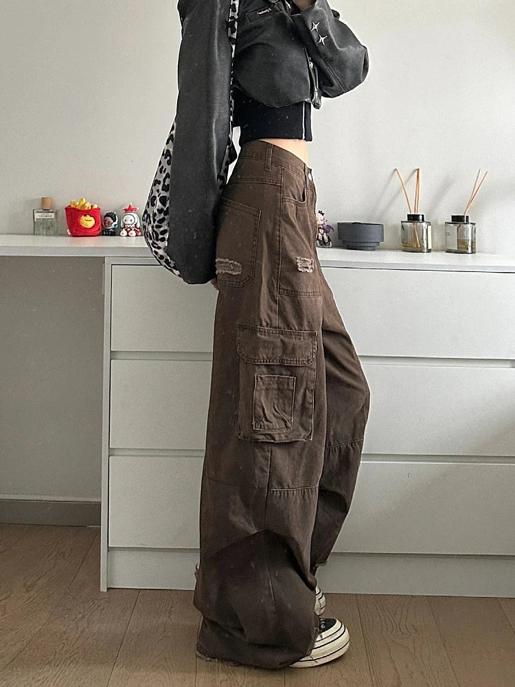 lovwvol Maillard Brown Pockets Cargo Pants Women Loose Casual Y2k Ripped Patchwork Distressed High Rise Baggy Jeans Workwear