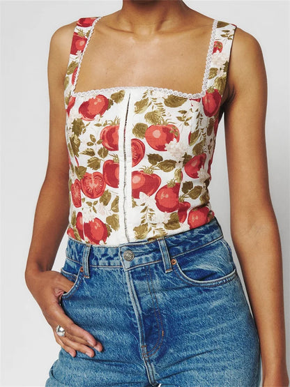 lovwvol Women Front Buttons Up Tank Crop Top Sleeveless Square Neck Lace Trim Mini Vest Summer Floral Print Slim Fit Camisole