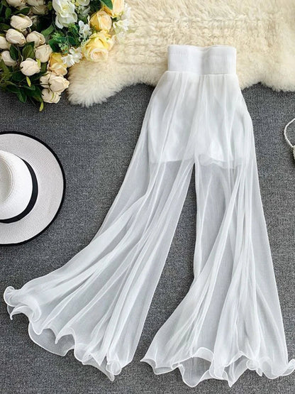 Women Flare Pants Loose Gauze Elastic High Waist Ruffle Chiffon Ladies Trousers Fashion Black White Summer Female Pants New