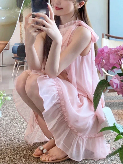 lovwvol Sweet Pink Y2k Mini Dress Party Women Casual Sleeveless Elegant Dress Korean Style Fashion Pure Color Dress Female Summer