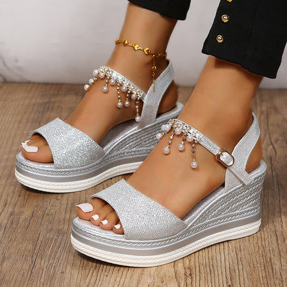 lovwvol Gold Silver Wedges Sandals Women 2023 Summer Pearl Tassels Ankle Strap Platform Sandles Woman Plus Size 43 Peep Toe Beach Shoes