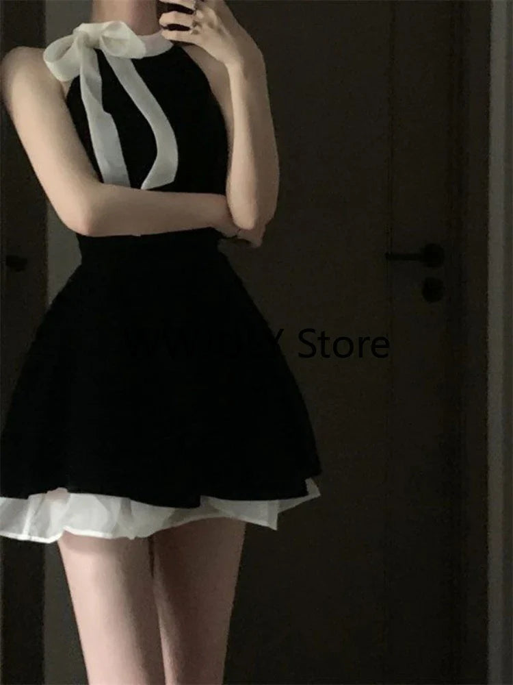 lovwvol Sexy Dress Woman Bow Bandage Sleeveless Slim Patchwork Black Mini Dresses Puffy Elegant Vintage Ladies Summer Fashion Chic