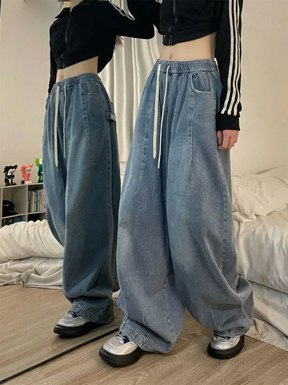 lovwvol Women Vintage Baggy Jeans Y2K Elastic High Waist Oversized Streetwear Trouser Denim Wide Leg Straight Basic Pants Spring