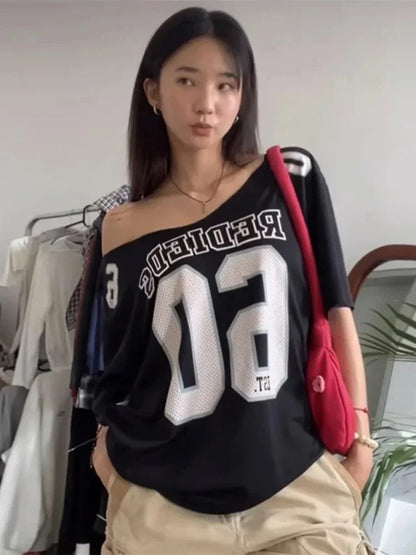 lovwvol  -  Y2k Aesthetic Summer Letter Printing T-shirts Harajuku Patchwork Loose Oversize Tops Women Harajuku Skew Collar Casual Tees