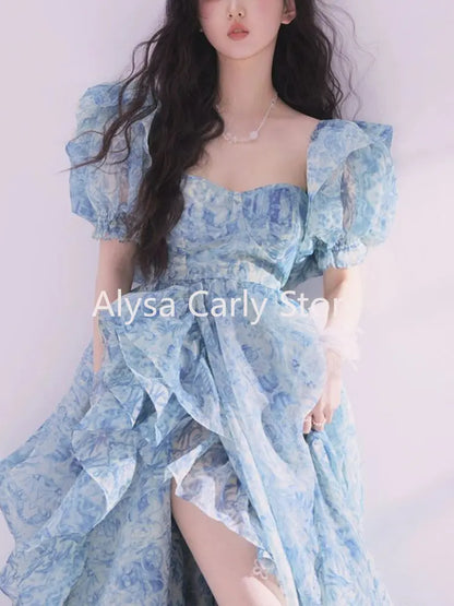 lovwvol Vintage Floral Long Fairy Dress Women 2023 Summer Ruffles Elegant Beach Party Dresses Female Causal Korean Sweet Princess Dress