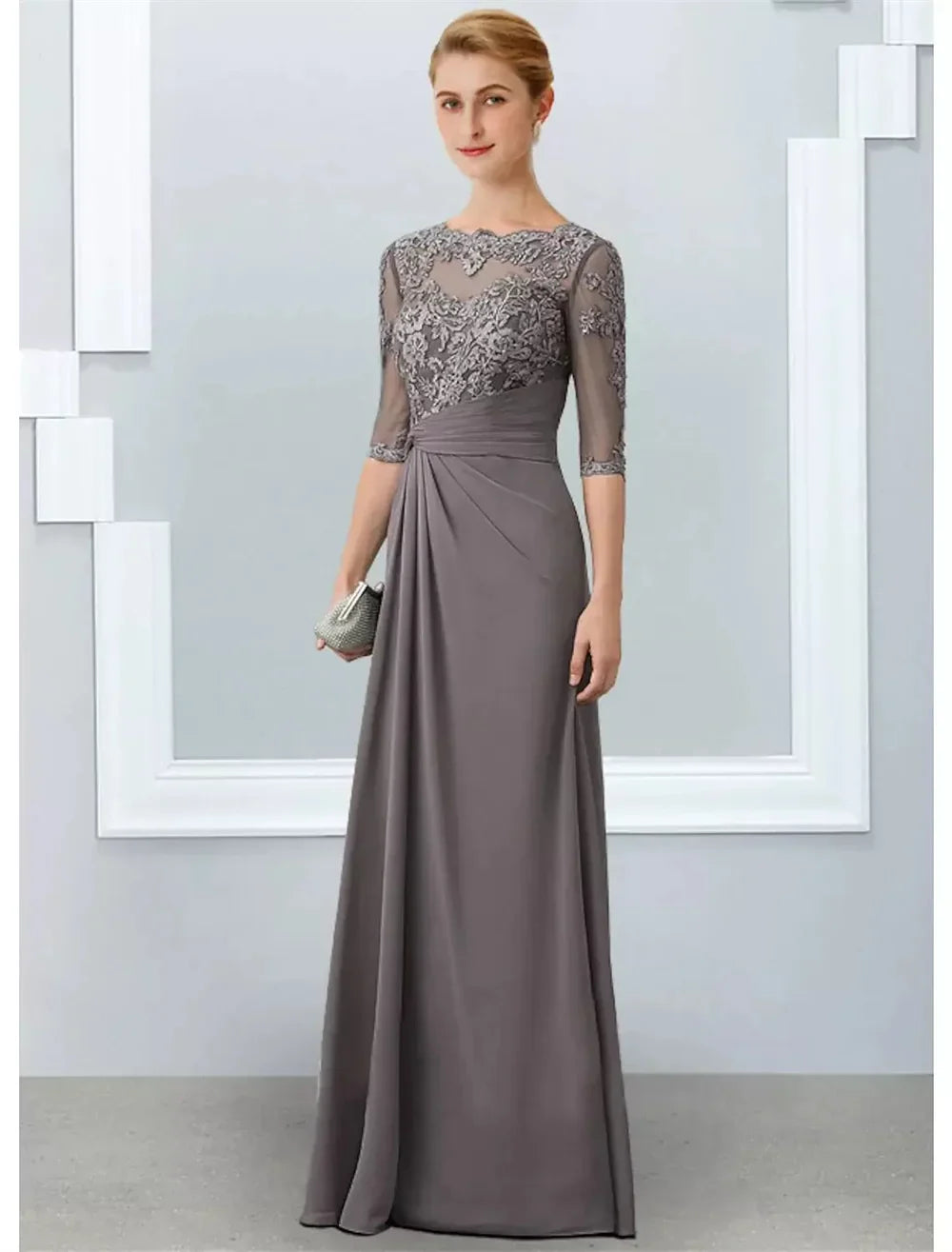 A-line Gray Mother of the Bride Dress Elegant Jewel Neck Floor Length Chiffon Half Sleeves Appliques Lace Wedding Party Gowns