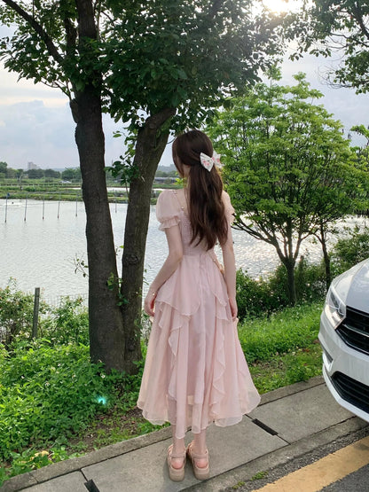 lovwvol Summer Chiffon Fairy Dress Women Solid Elegant Party Midi Dress Female Casual Sweet Korean Fashion Pink Dress New Clothes