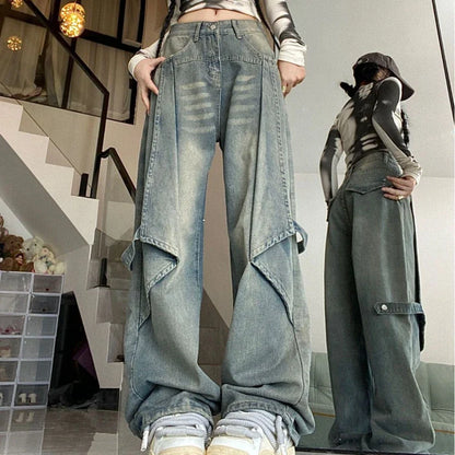 lovwvol Y2k Vintage Jeans Women High Waist Loose Straight Pants Spring Blue Spliced Casual Streetwear Fashion Denim Wide Leg Pants