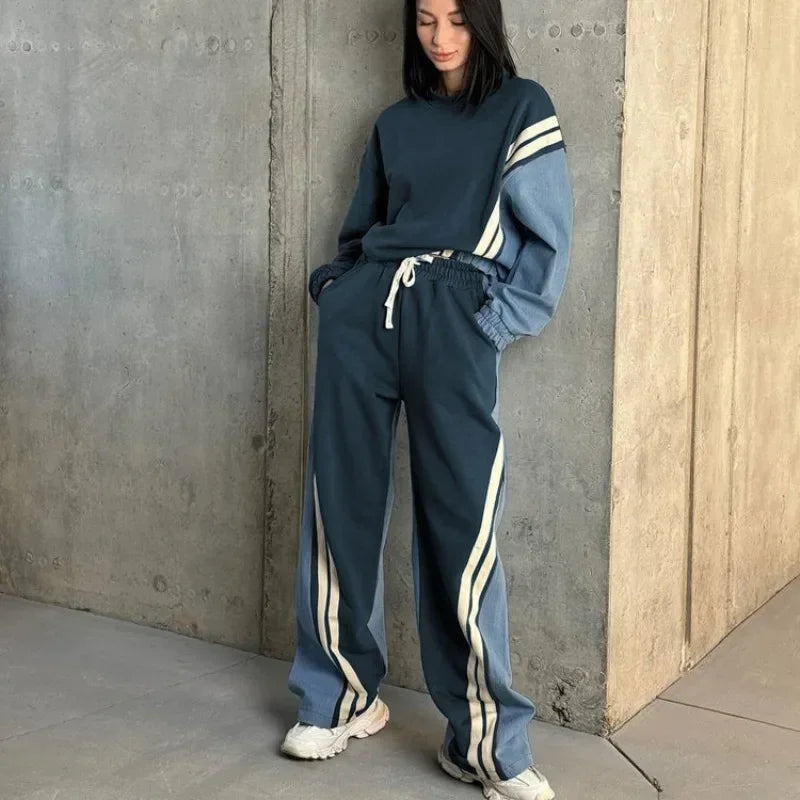 lovwvol  -  New Autumn Winter Casual Blue Patchwork Sets Women 2 Pieces O-Neck Long Sleeve Blouse Drawstring Straight Sweatpants Suit