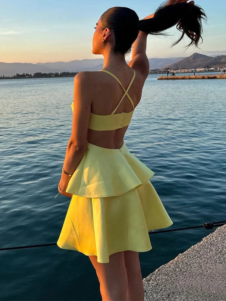 lovwvol Sexy Yellow Satin Women Mini Dress Fashion Backless Sleeveless Pleated A-line Dresses 2024 Summer Lady Party Evening Robes