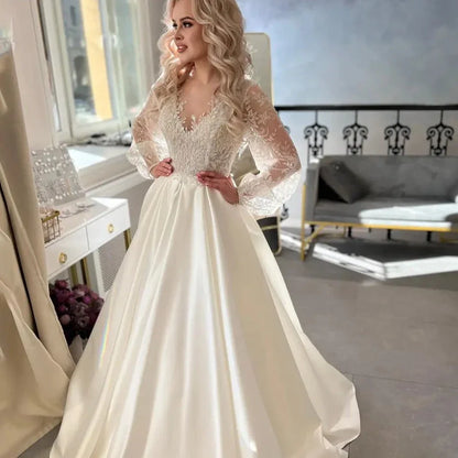 Exquisite A-line Wedding Dress For Bride Princess Lace Appliques Long Puffy Sleeves Vestido De Novia Boda Satin Robe