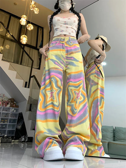 lovwvol Women's Star Tie Dye Pattern Design Thin Pants Young Girl Summer Street New Bottoms Casual Female Straight Trousers