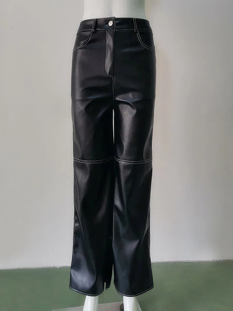 lovwvol  PU Leather Straight Pants Black High Waist Fashion Vintage Long Pant For Women Autumn Style  Trousers Streetwear Y2K