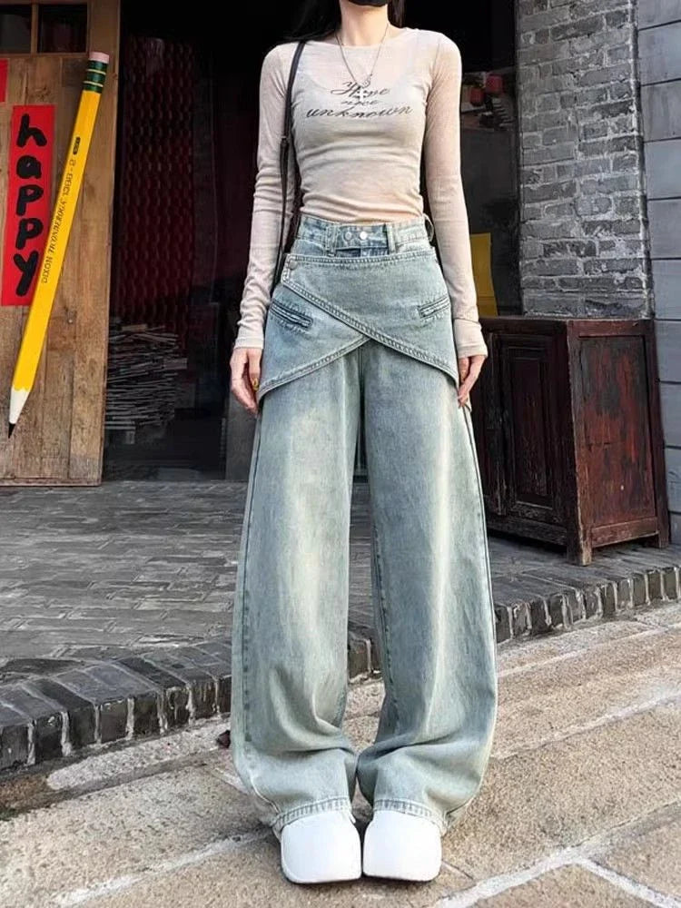 lovwvol Women's Removable Waistband Design Thin Jeans Street Cool Girl Bottoms Wide Legs Irregular Pants Female Baggy Denim Trousers