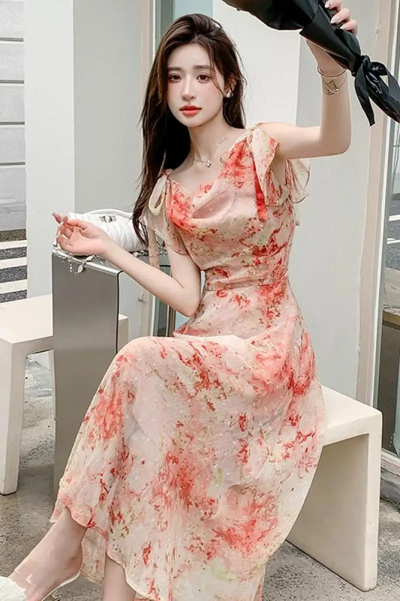 French Floral Suspender Chiffon Dress Seaside Holiday Beach Long Dress Summer Fairy Temperament Korean  Women's New Chic