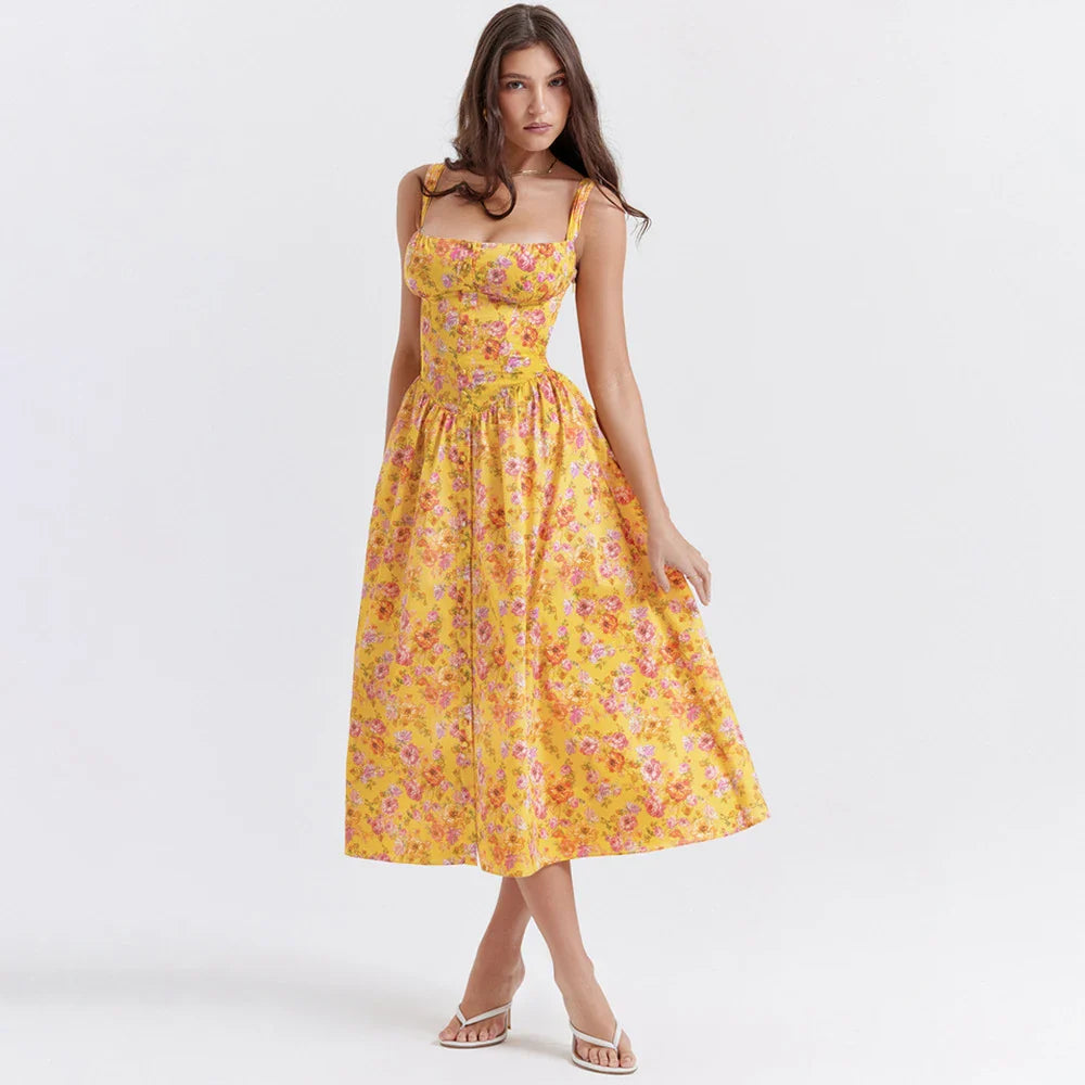 lovwvol Summer Elegant Floral Print Midi Holiday Dress with Pocket Yellow Back Lace Up Party Dresses Casual Women Dress