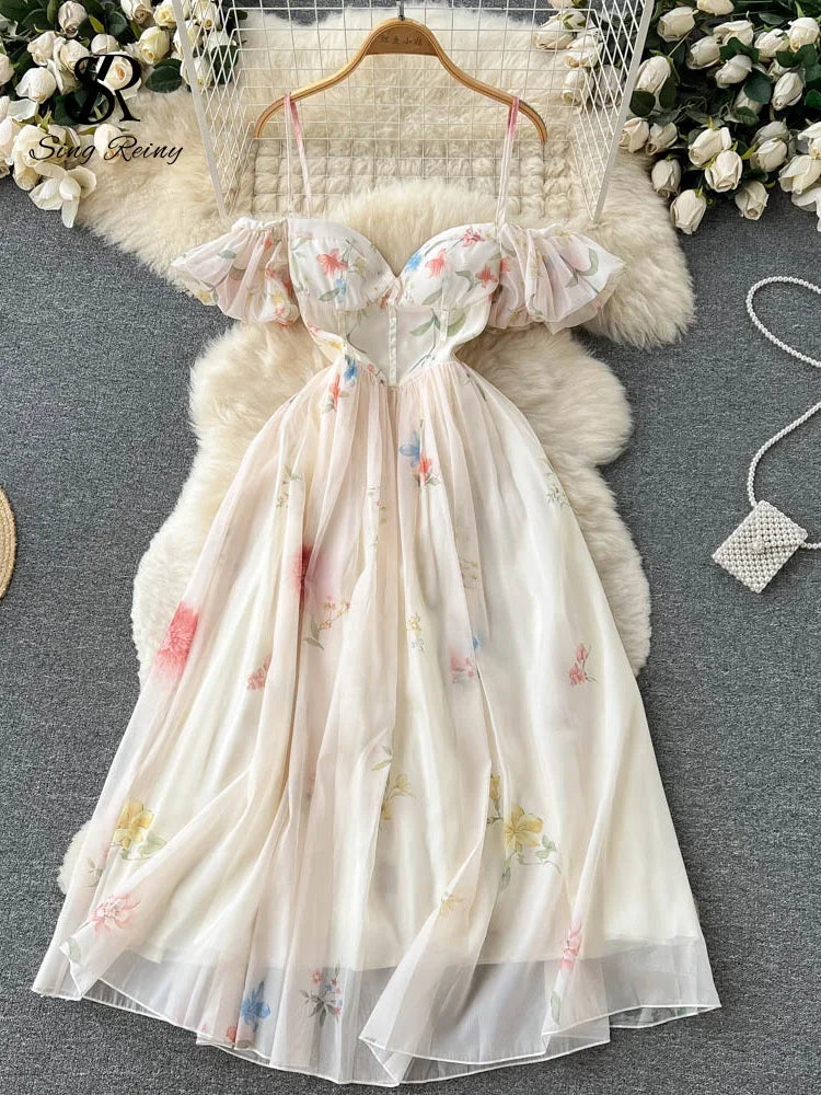 Casual Midi Dress Y2k Summer Spring Fashion Design Women Runway High Street Vintage Flowers Print Lantern Sleeve Belt Vestidos