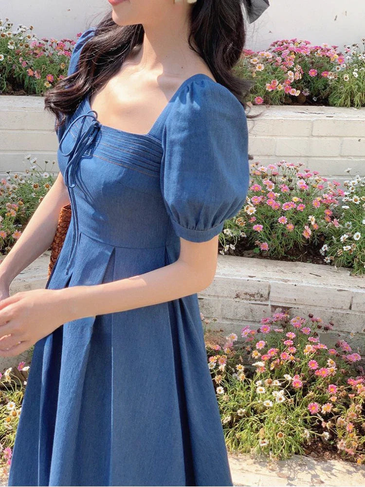 lovwvol   Summer Vintage Elegant Fairy Dress Women Short Sleeve Y2k Causal Midi Dress Female Solid Korean Fashion Chic Party Dresses