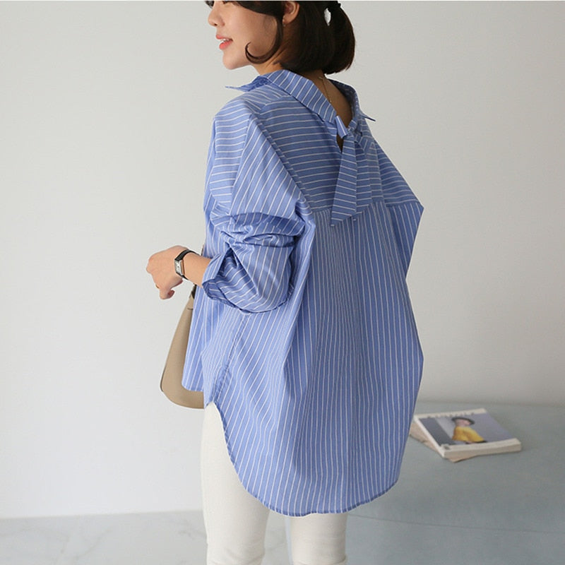 Spring New Turn Down Collar Casual Striped Shirt Women's Long Loose Irregular Full Blouse