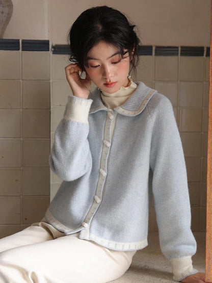 lovwvol Milk Blue Horn Button Cardigan Women Winter Temperament Sweater New Loose Lazy Gentle Doll Collar Knitwears Coat