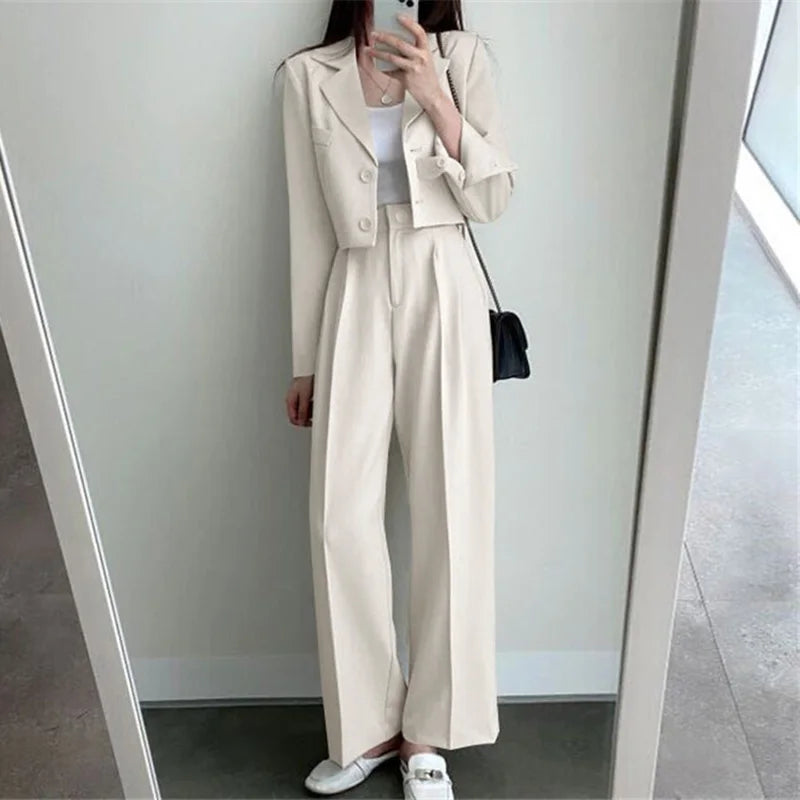 lovwvol Two Piece Sets Women Outifits Fall Office Lady Pants Korean Blazer Suits Long Sleeve Fashion Coat Black High Waisted Pants