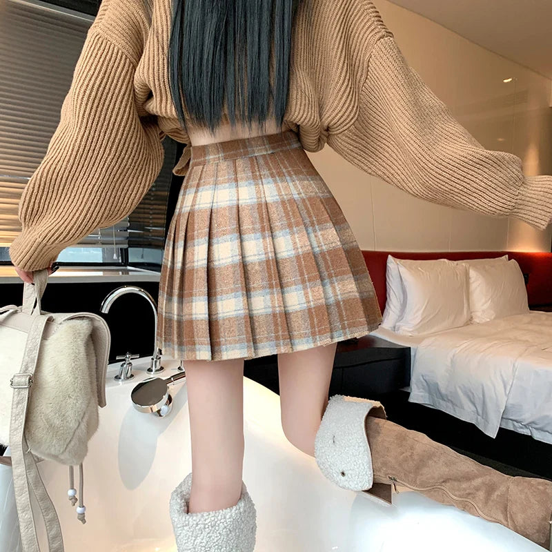 lovwvol Preppy Style Winter Plaid Vintage Pleated Mini Wool Skirt For Women High Waist Thicken Casual School Cute Short Skirt Female