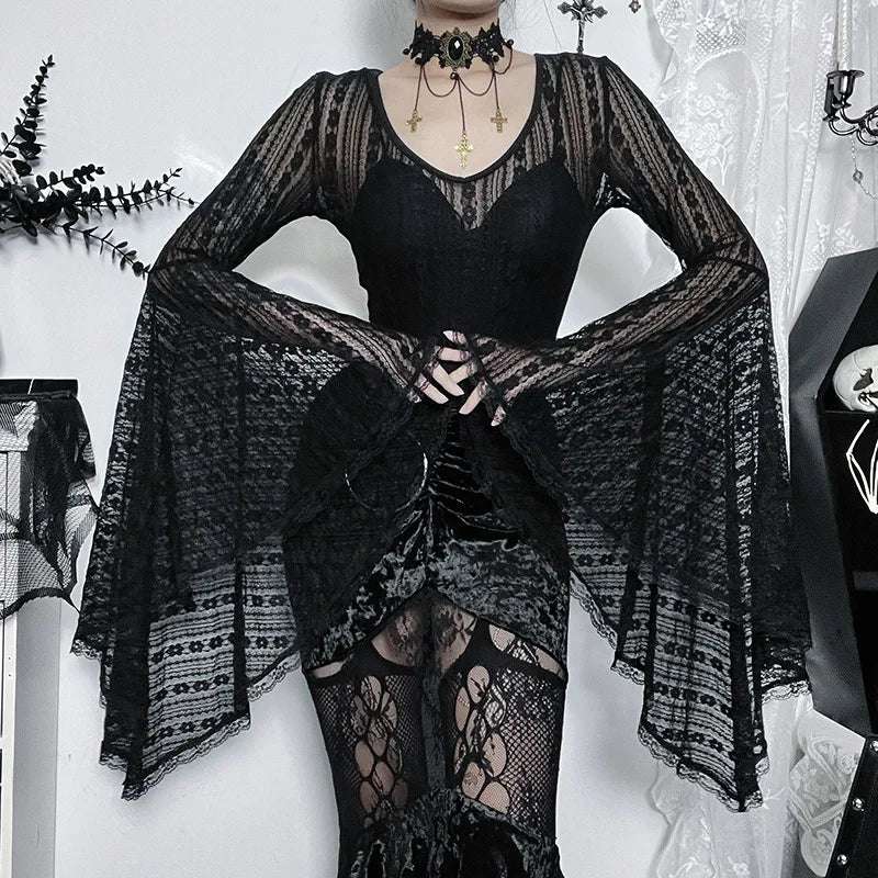 Lace See Through Mall Gothic Aesthetic Bodysuits Flare Sleeve Grunge Sexy Women Tops Punk Bodycon V-neck Alt Bodysuit