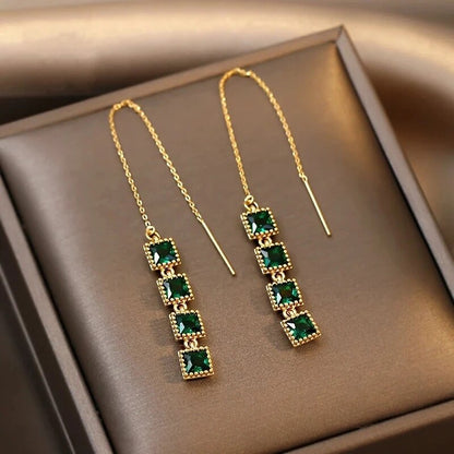 Gorgeous Square Green Zircon Stones Tassel Ear Line Korean Jewelry Trendy Gold Color Personality Earrings for Women Jewelry