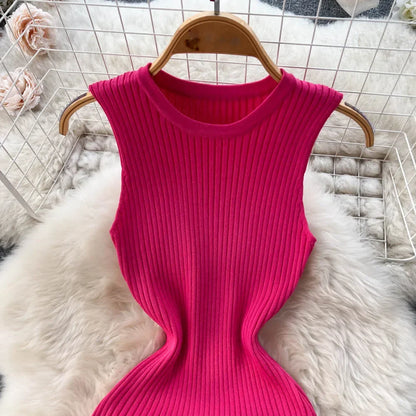 Summer Knitted Bodycon Sexy Dress  O Neck Sleeveless Ruffled Party Sundress High Street Elastic Slim Short Dress