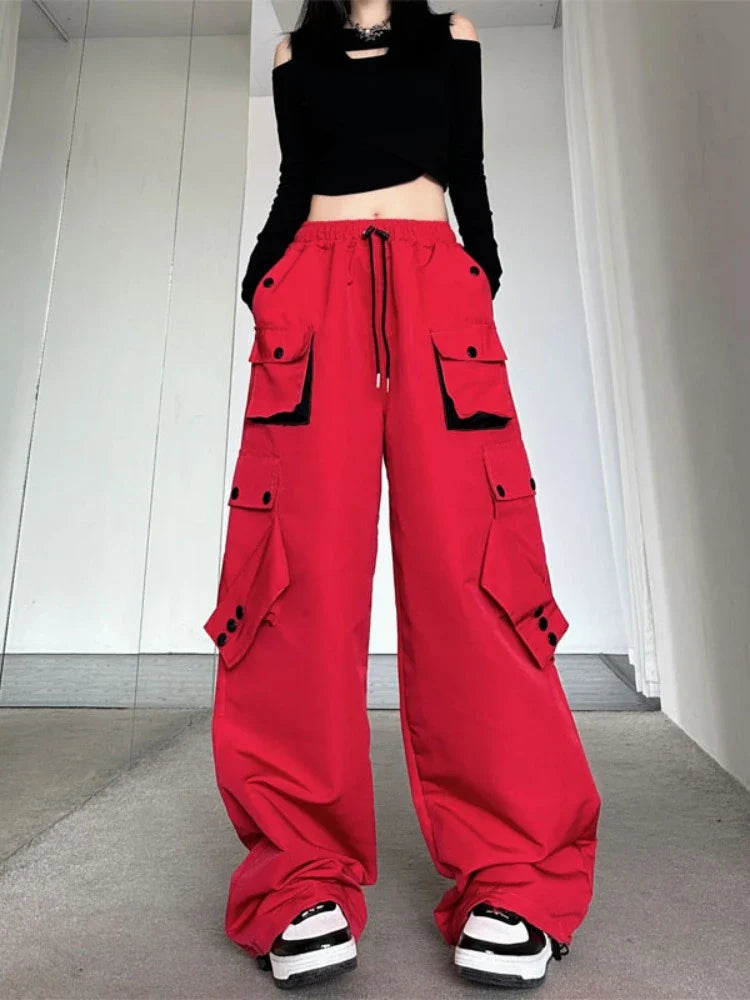 lovwvol  -  Y2k Aesthetic Black Cargo Pants Women Drawstring Harajuku Wide Leg Loose High Waist Streetwear Casual Autumn Trousers Joggers