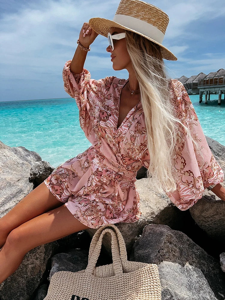 lovwvol  -  Sexy Deep V Neck Jumpsuit For Women Summer Casual Boho Beach Vacation Outfit Female Fashion Print Lantern Sleeve Rompers Shorts