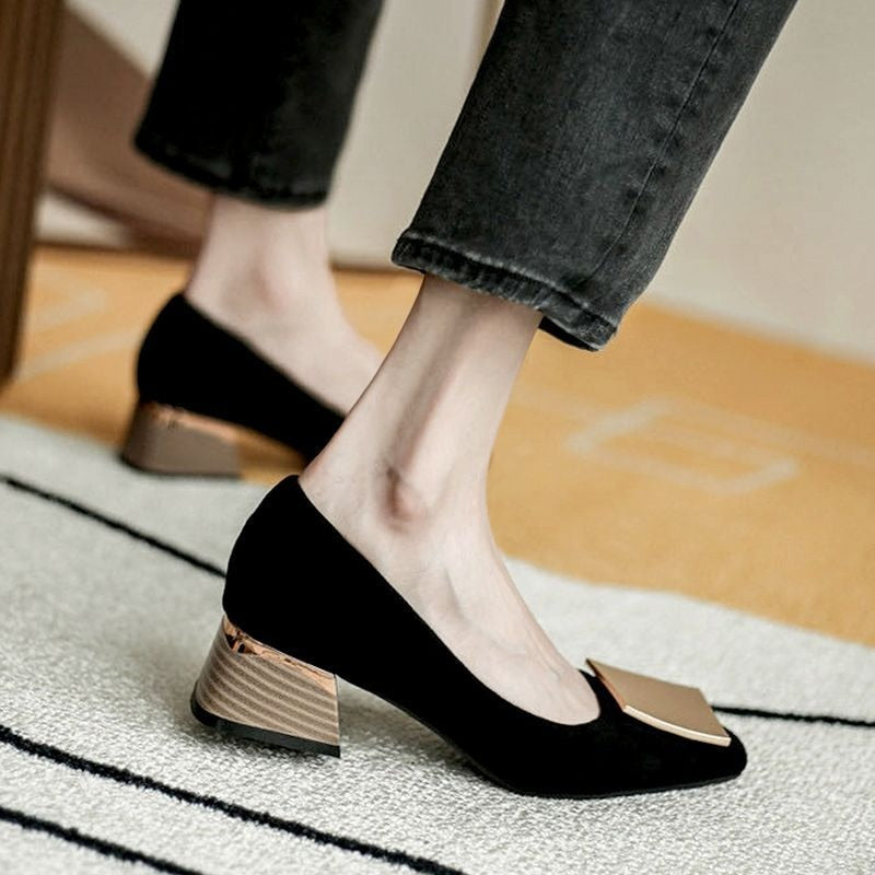 Shoes for Woman  Square Heels Women's Summer Footwear Toe Office Black with Medium Casual E on Sale Chic Point A Wholesale L