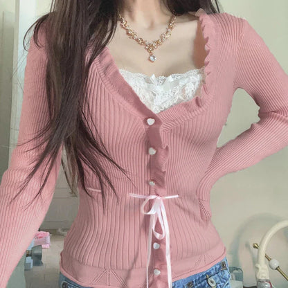 lovwvol Sweet Coquette Pink Knitted Sweater Jumper Lace Patched Buttons Korean Knitted Pullover Autumn Cutecore Shirring New