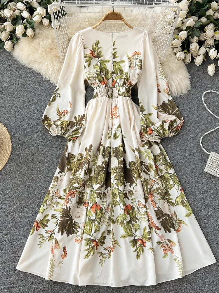 lovwvol Spring Autumn Elegant Long Dress Women A Line Slim Long Sleeve V Neck Floral Dresses Ladies Vintage Party Long Robe Vestidos