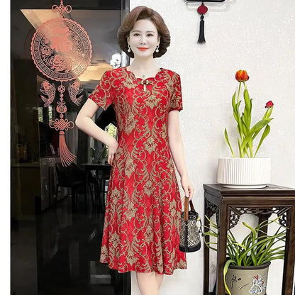 lovwvol Summer Dress Women Vintage Clothes New Print Slim Short Sleeve Elegant Middle Age Women's Dresses Casual Summer Sundress