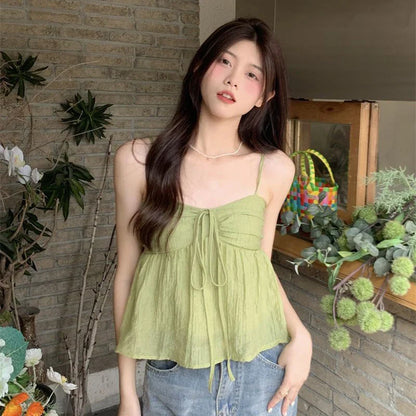 lovwvol Sweet Camis Tops Women Korean Fashion Kawaii Off Shoulder All Match Tanks Bowknot Lace Up Elegant Sleeveless T Shirt New