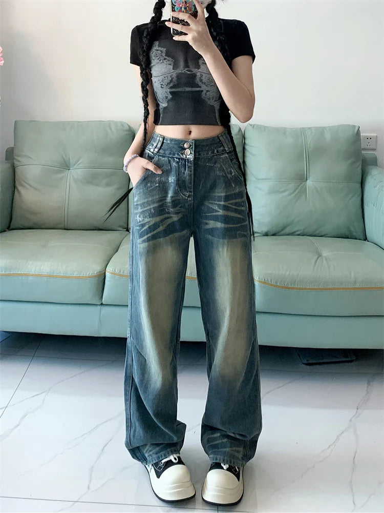 lovwvol Women's Retro Dirty Blue Thin Jeans Young Girl Summer Street Style Straight Bottoms Vintage Casual Trousers Female Wide Leg Pant