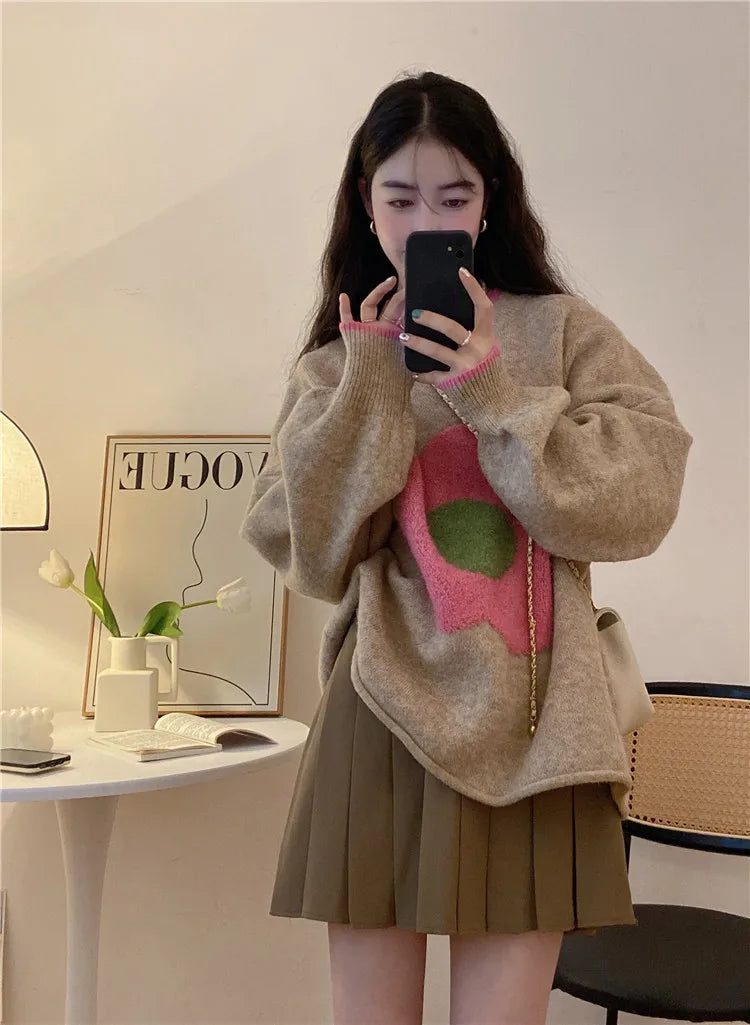 lovwvol Flower Knitted Sweater Female Pull Femme Autumn Contrast Color Womens Clothing Loose Round Neck Long Sleeve Y2k Top