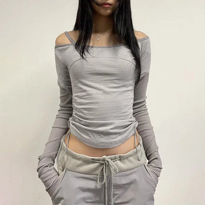 lovwvol Streetwear Skinny Drawstring Autumn T-shirts Female Casual Patchwork Off Shoulder Top Long Sleeve Retro Tee Pullover