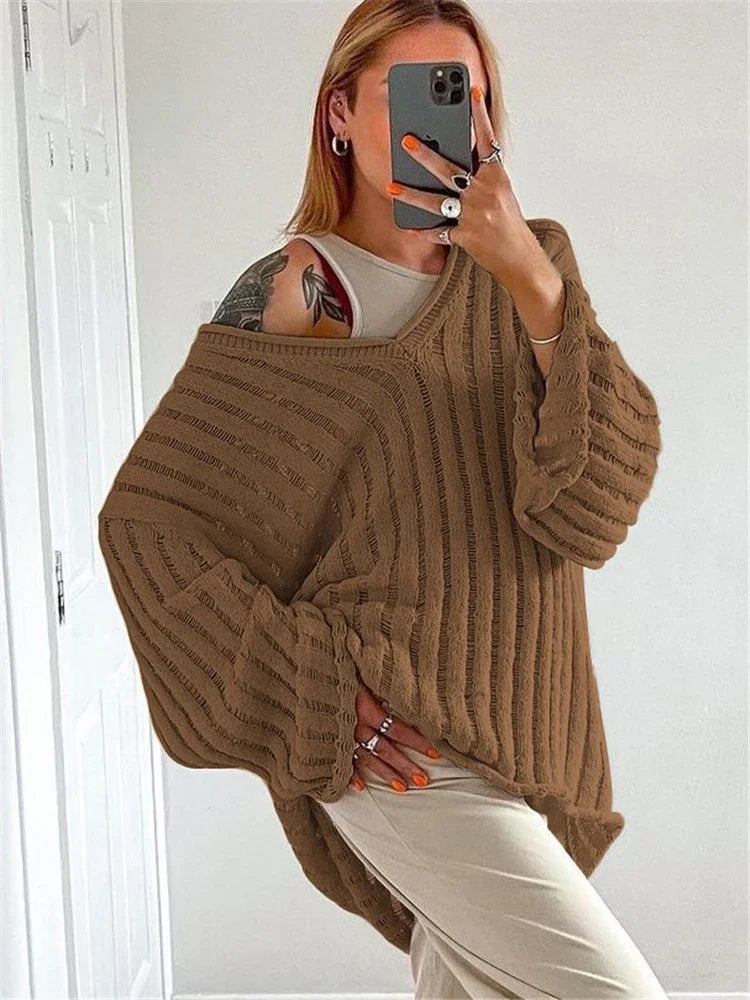 V-Neck Oversized Women's Sweater Long Sleeve Hollow Out Striped Knit Tops Winter Trend Casual Loose Pullover Sweaters