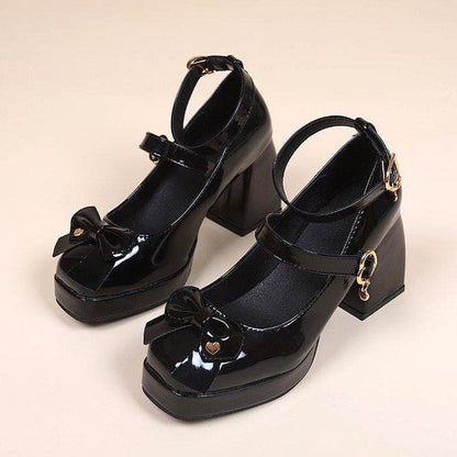 Women Pumps Mary Jane Lolita Shoes Gothic Chunky High Heel Platform Shoes Female Tied Cosplay Harajuku Black Shoes Bows Heart